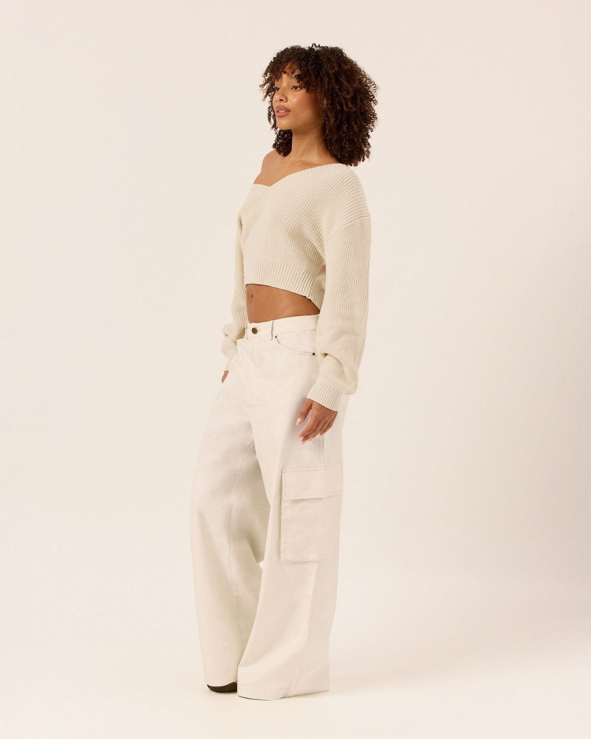 Cropped Off Shoulder Knit Jumper | Vanilla