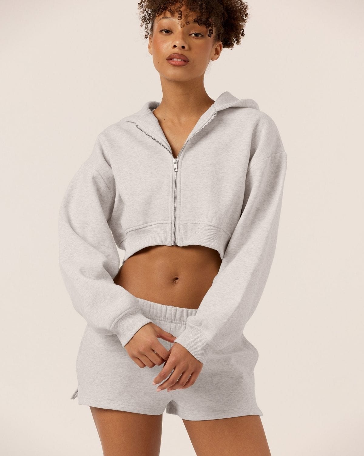 Cropped Zip Hoodie | Snow Marl