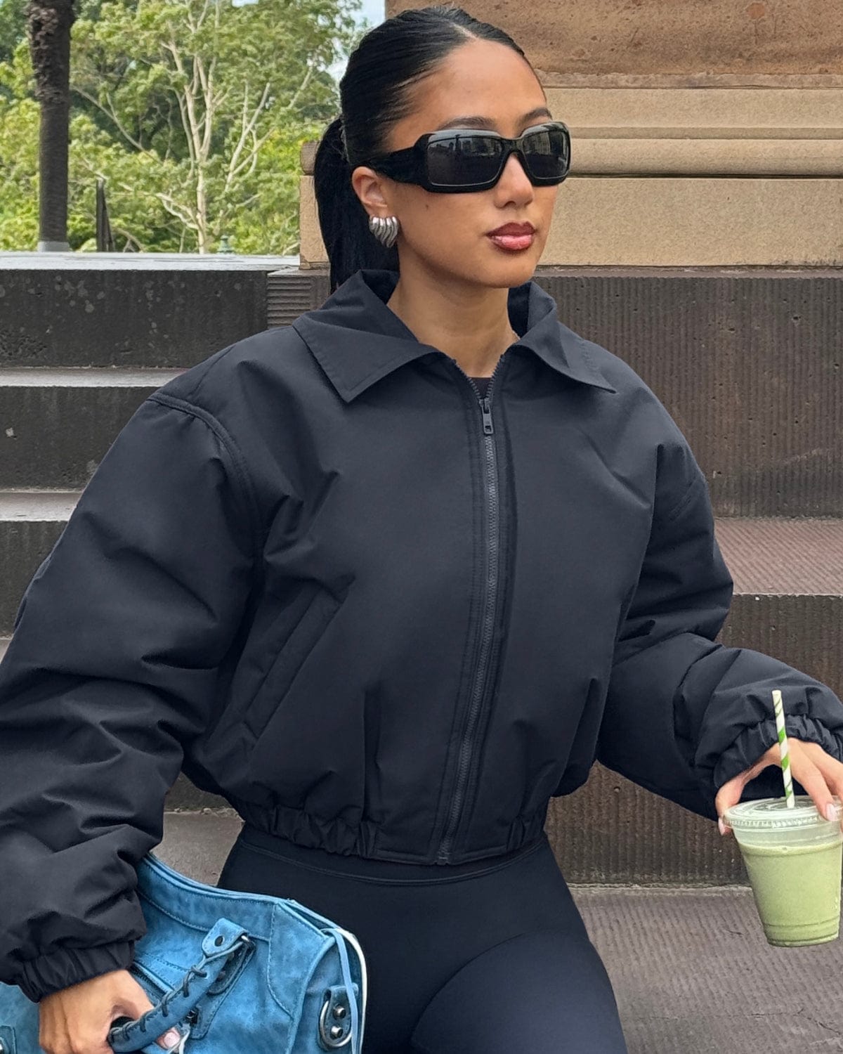 Cropped Oversized Bomber Jacket Black