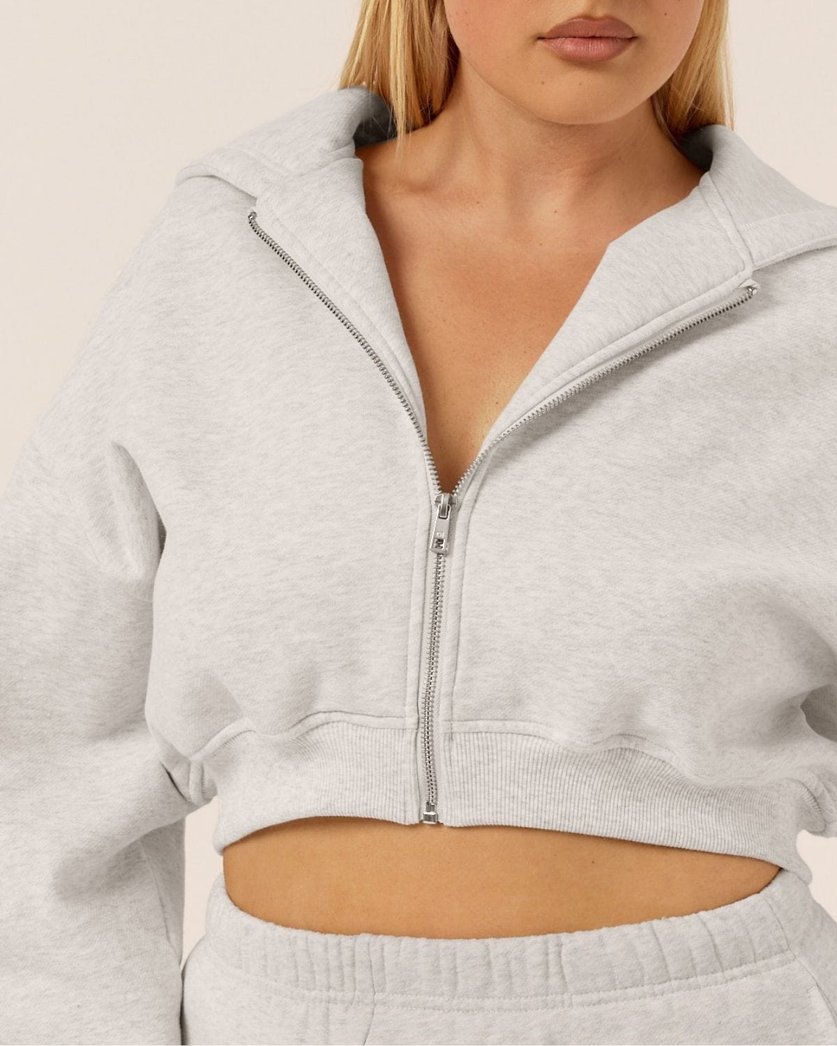 Cropped Zip Hoodie | Snow Marl