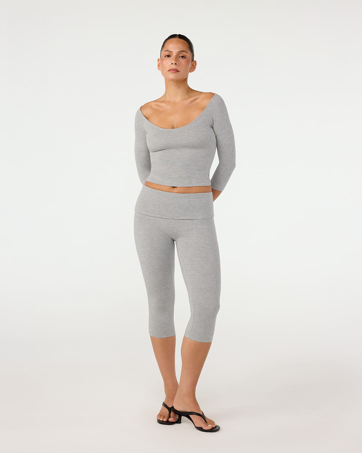 Foldover Jersey Capri Leggings | Grey Marle