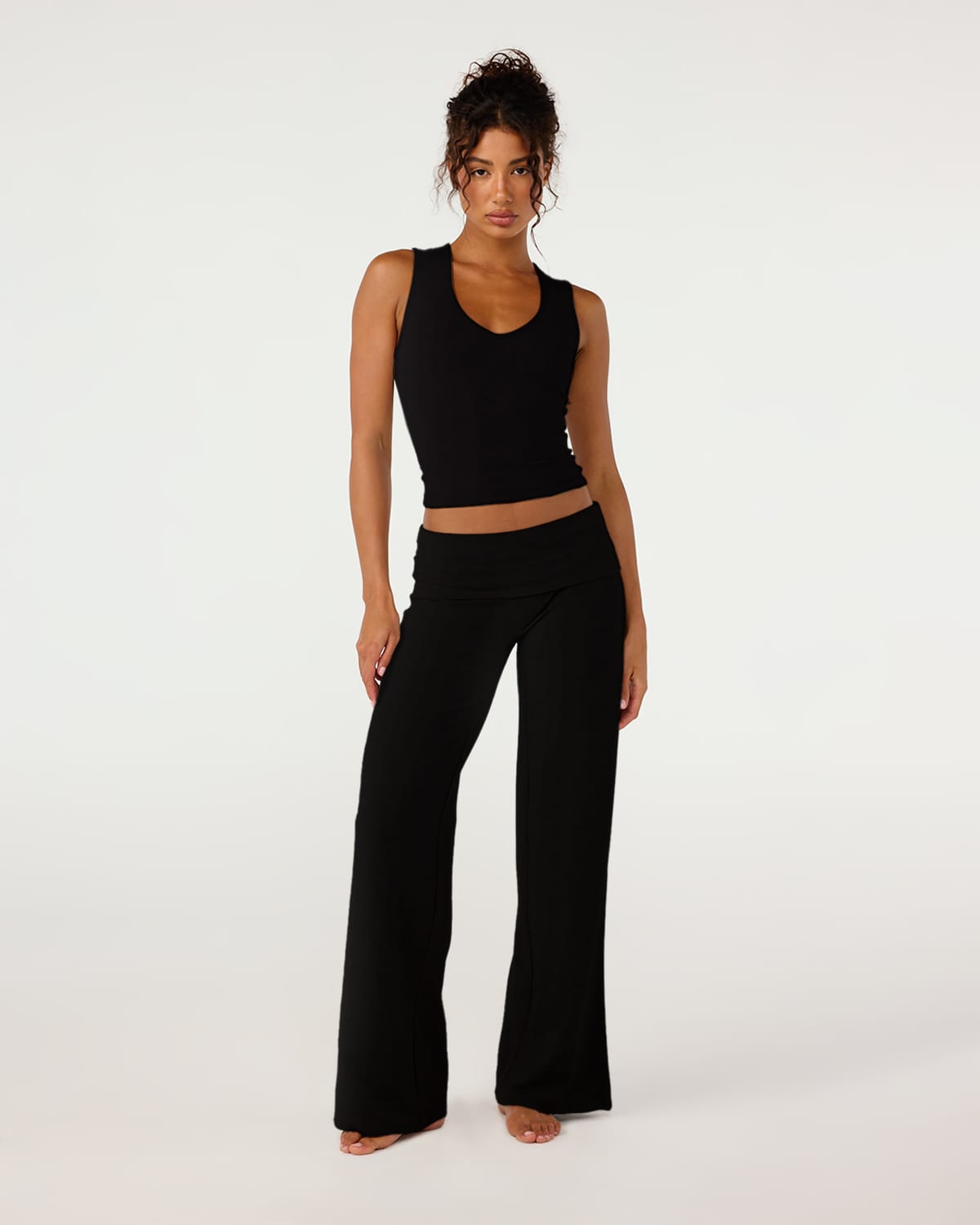 Foldover Jersey Straight Leg Pants | Black