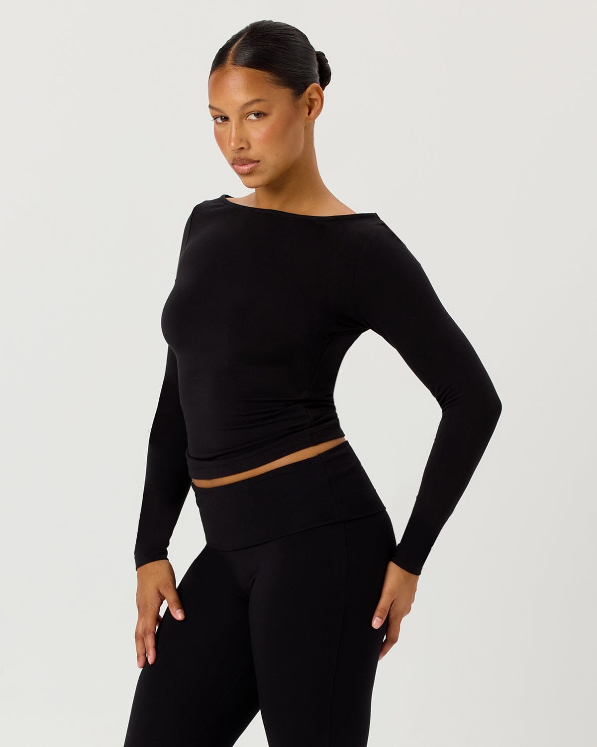 Boat Neck Long Sleeve Top | Black