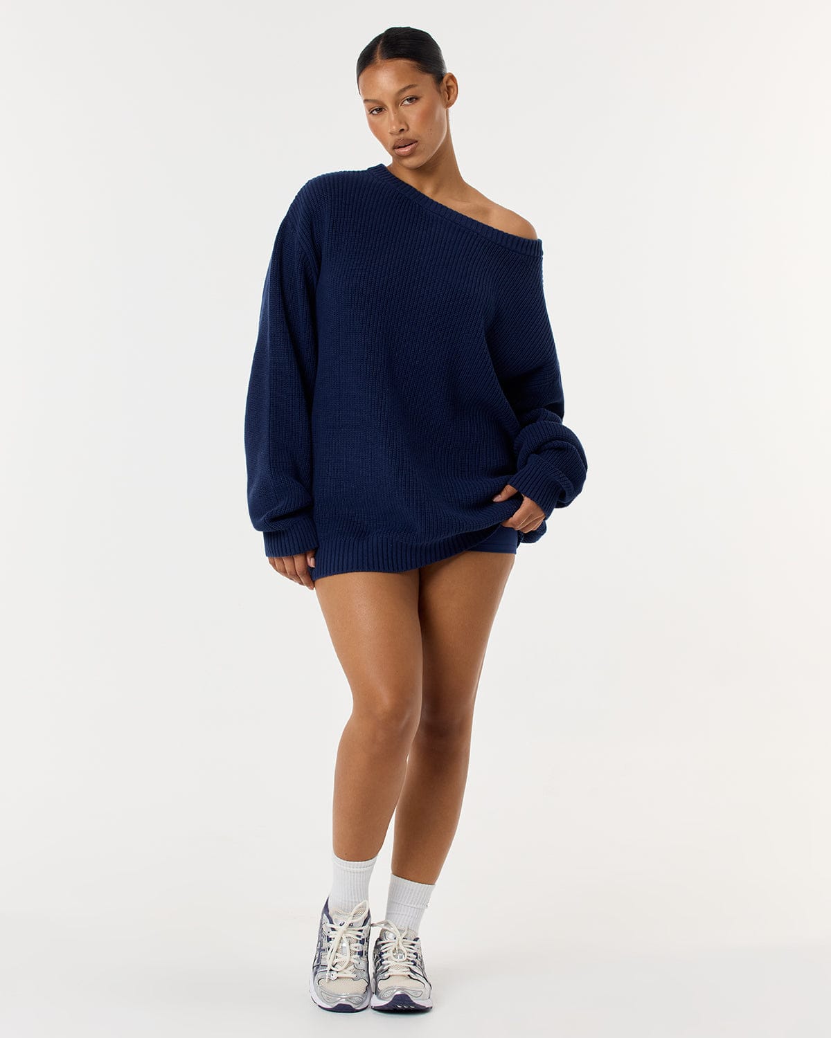 Off Shoulder Knit Sweater | Navy