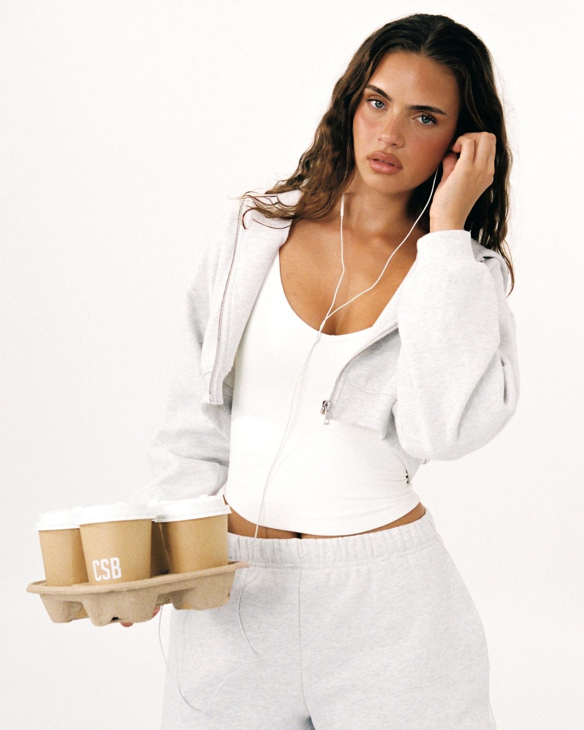 Cropped Zip Hoodie | Snow Marl