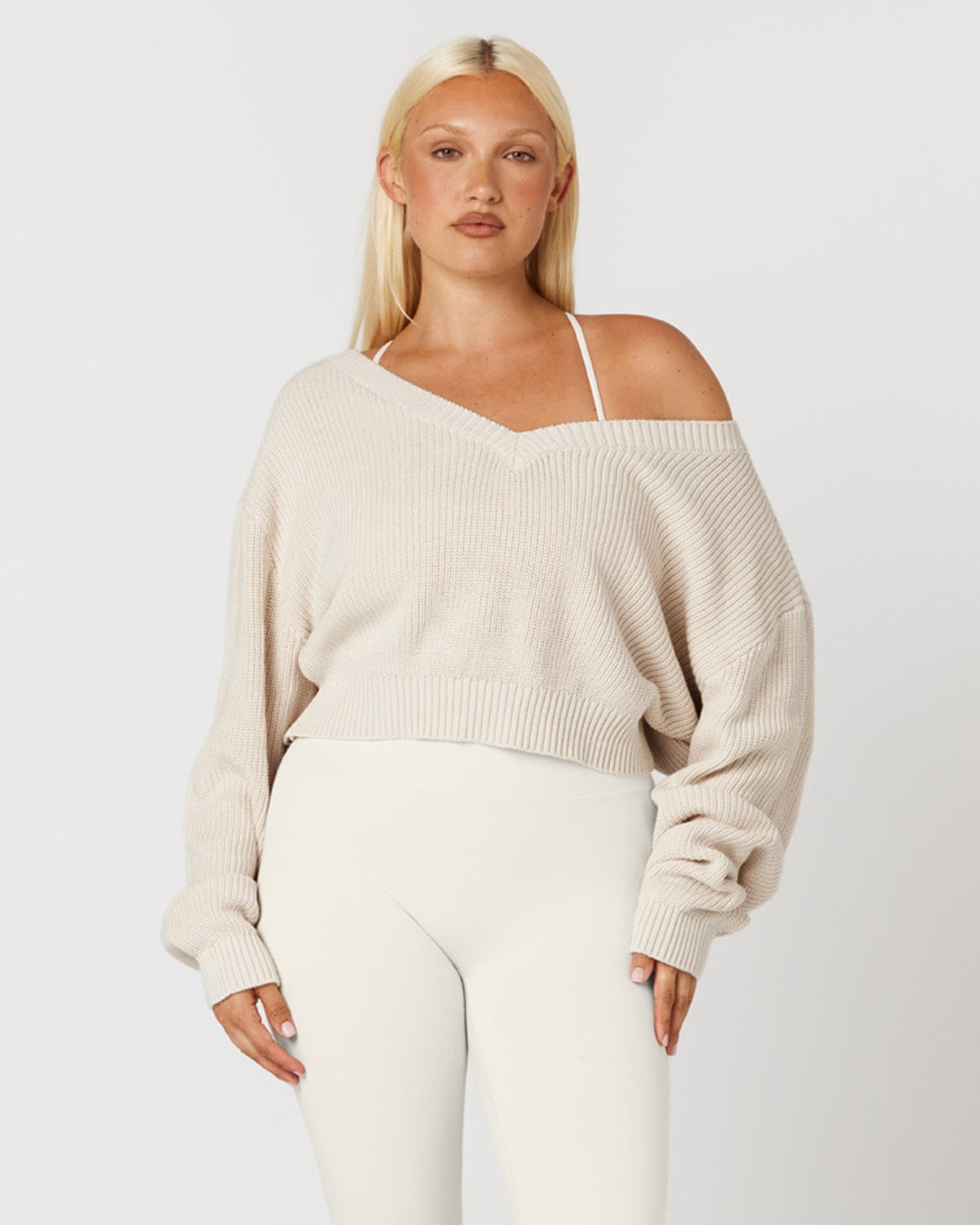 Cropped Off Shoulder Knit Jumper | Vanilla