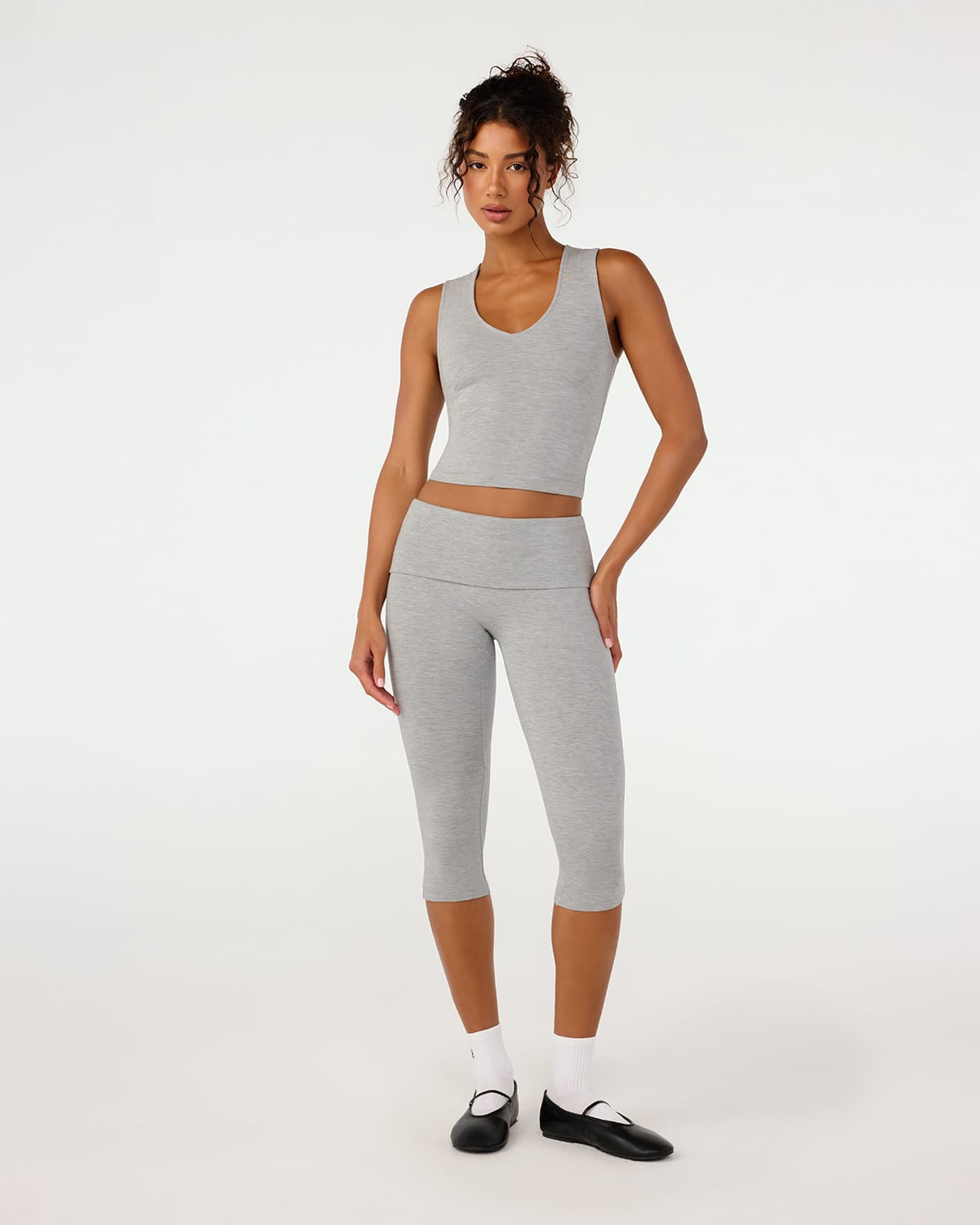 Foldover Jersey Capri Leggings | Grey Marle