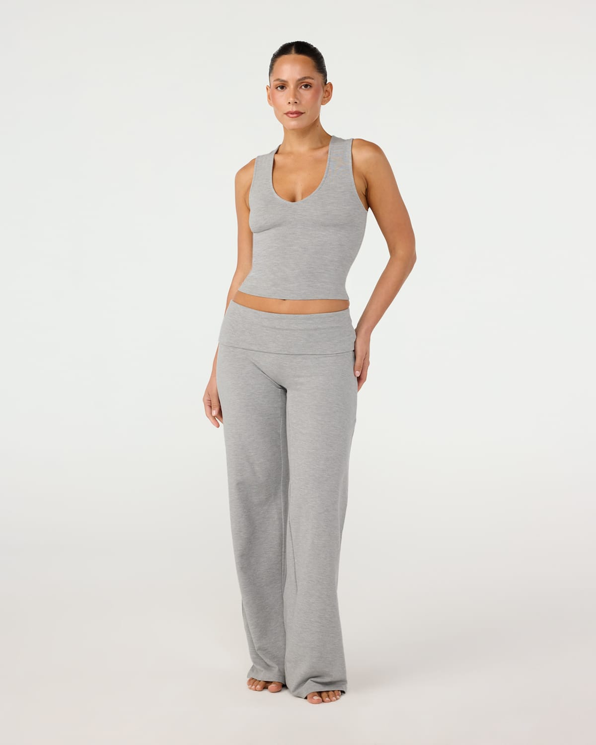 Foldover Jersey Straight Leg Pants | Grey Marle