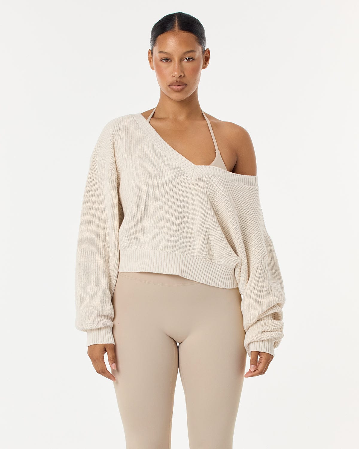 Cropped Off Shoulder Knit Jumper | Vanilla