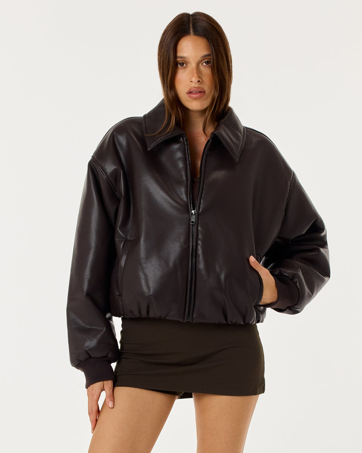 Faux Leather Bomber Jacket | Dark Chocolate
