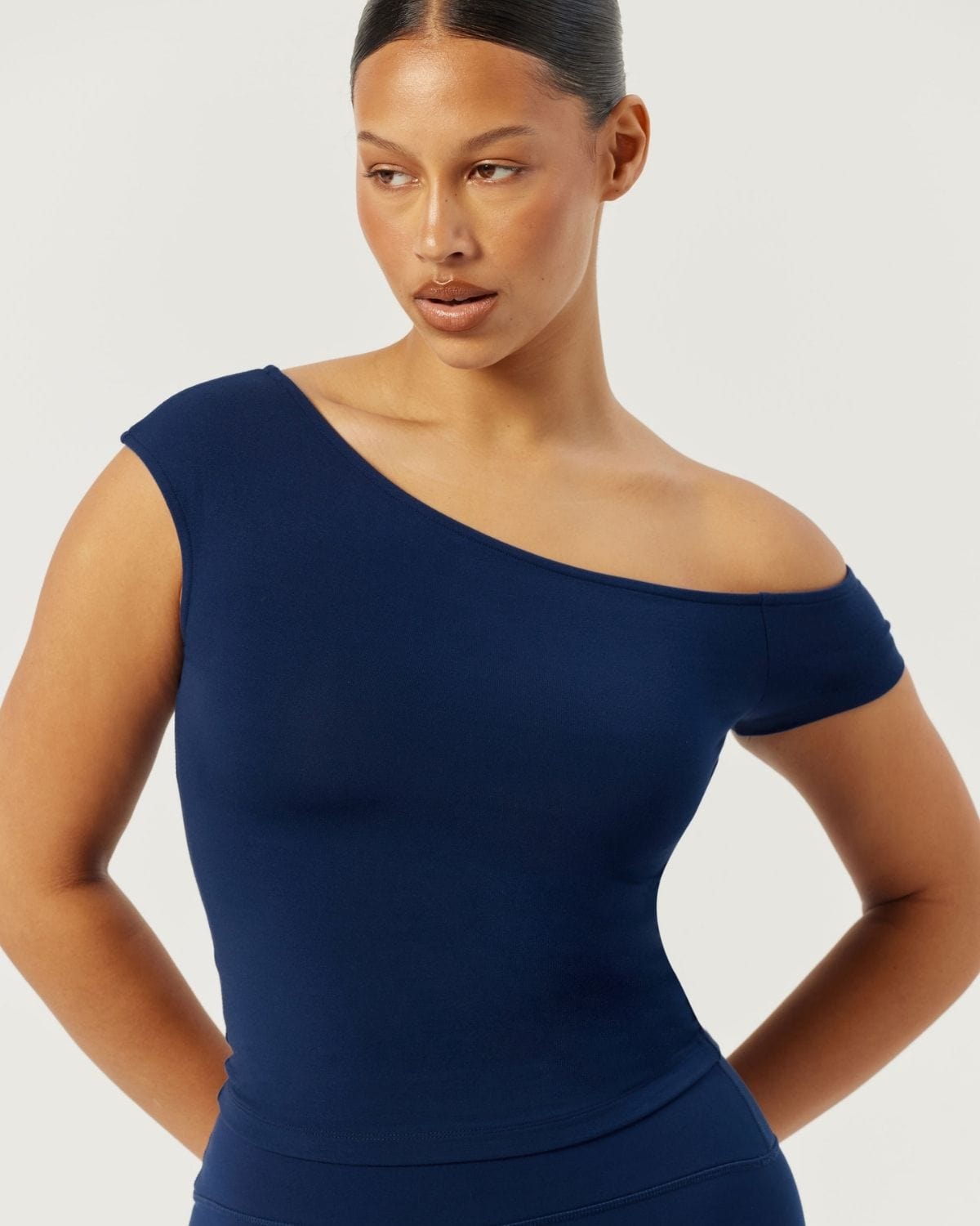 One Shoulder Capped Sleeve Top | Navy