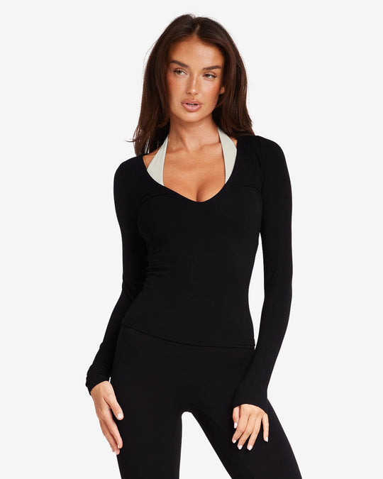 V Neck Long Sleeve Top | Black