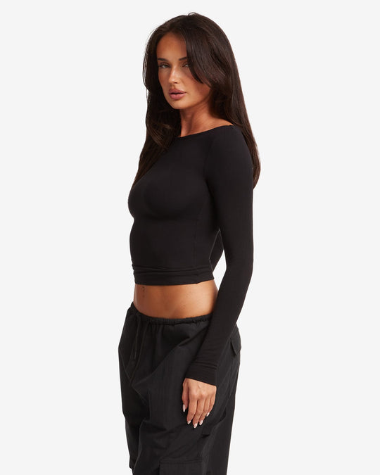 Boat Neck Long Sleeve Top | Black