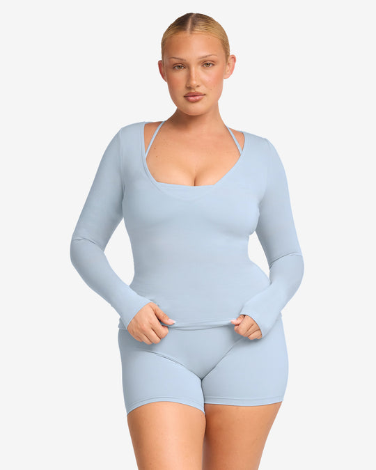 V Neck Long Sleeve Top | Dusty Blue