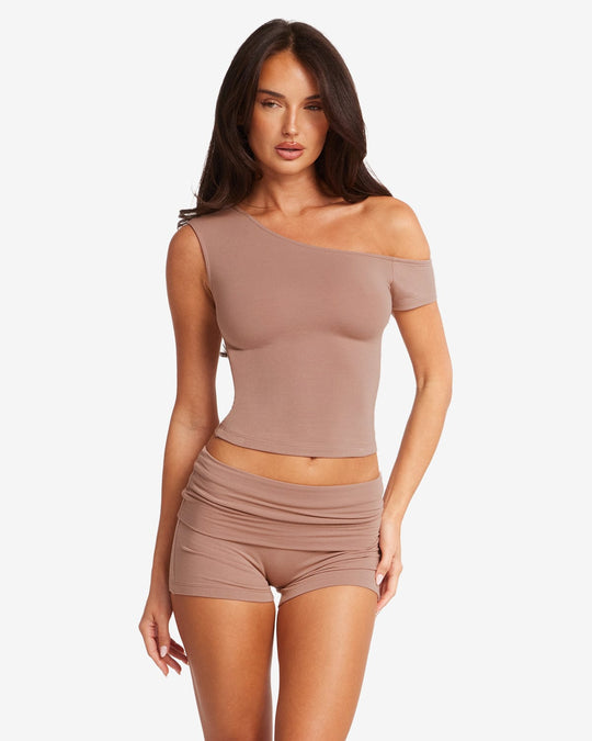 One Shoulder Capped Sleeve Top | Walnut