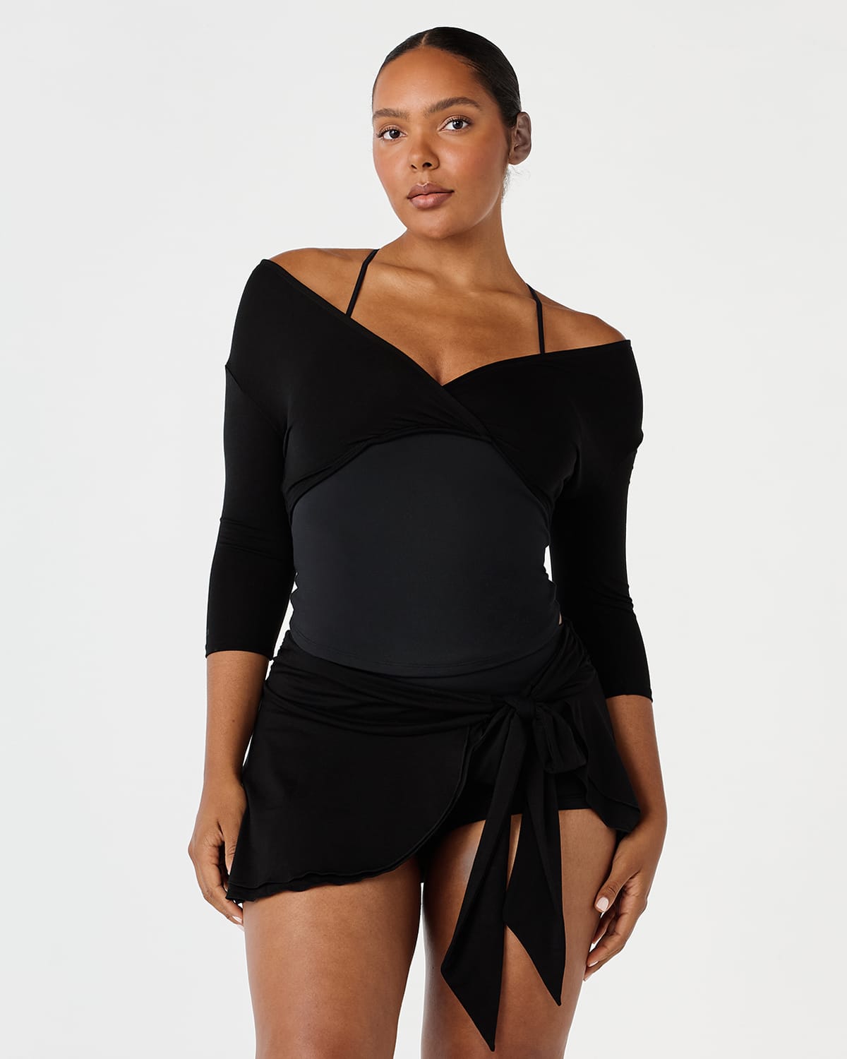Sheer Jersey Wrap Cropped Top | Black