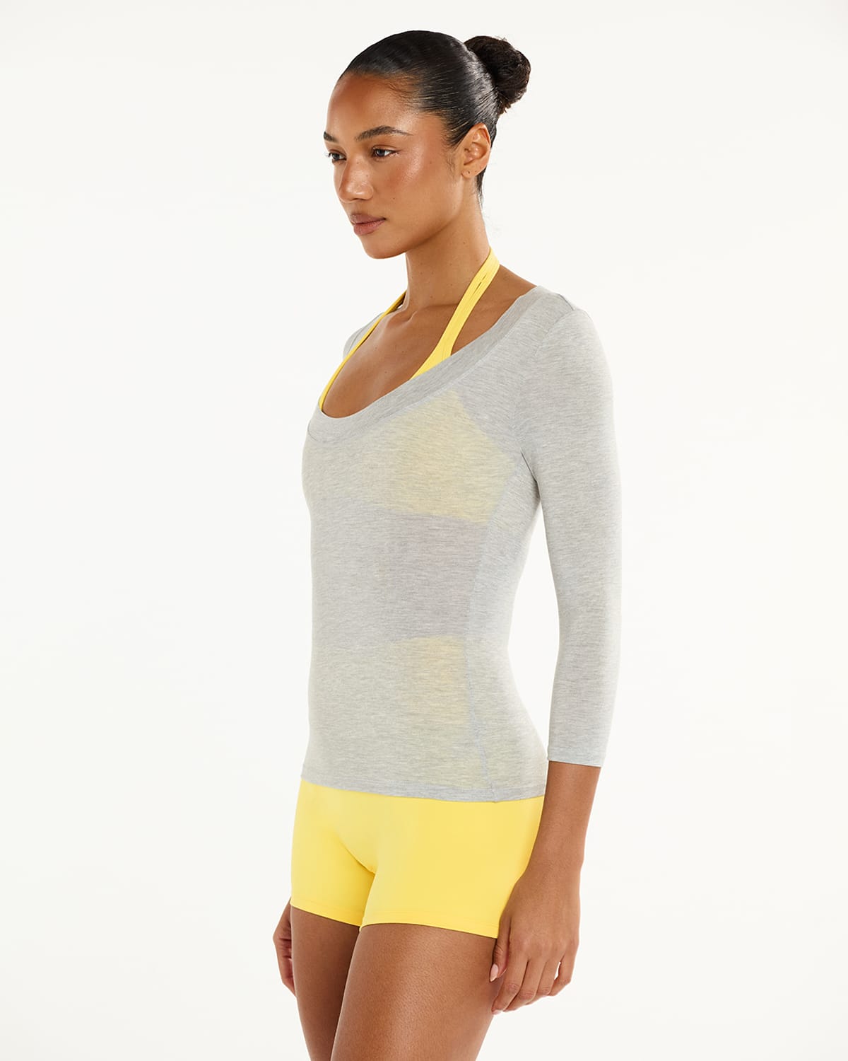 Sheer Jersey Scoop Neck 3/4 Sleeve Top | Grey Marle