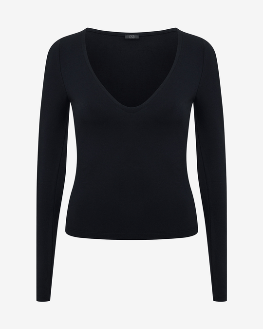 V Neck Long Sleeve Top | Black